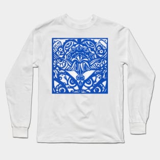 Watchers and Eyes Tangle Lino Cut Blue Monoprint Long Sleeve T-Shirt
